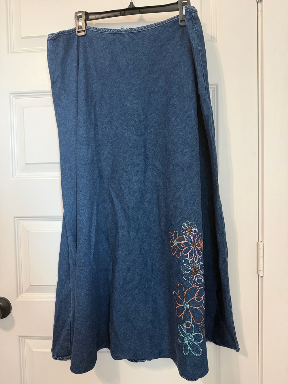 St. John's Bay|  Denim Blue Maxi Skirt with Floral Embroidery